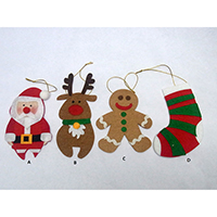 Christmas Hanging Decoration. Santa Claus, Gingerbreadman & Stocking Design. Set of 4 pcs.