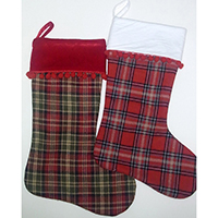 Christmas Stocking. Plaid Cloth, with Fringed Balls at The Top Rim. Full Lining Inside.